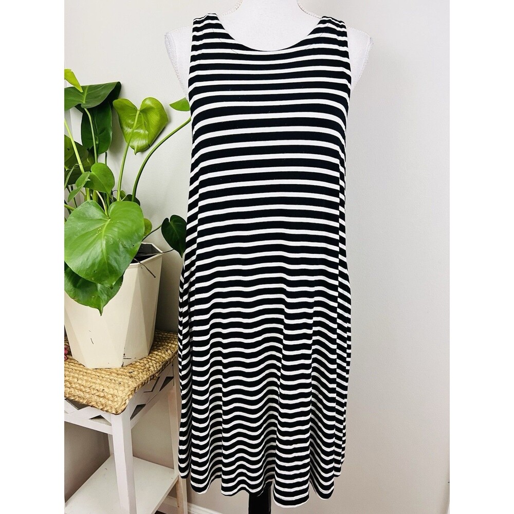 LOFT Black & White Striped Soft Stretchy Pocketed Dress Coastal Casual Size Med